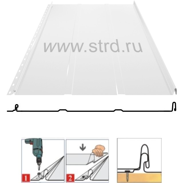 Фальцевая панель Grand Line Кликфальц Line 542/510мм Полиэстер 0.45мм RAL 9003 (белый)