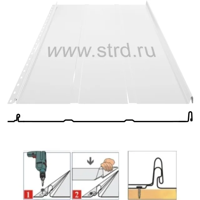 Фальцевая панель Grand Line Кликфальц Line 542/510мм Полиэстер 0.45мм RAL 9003 (белый)