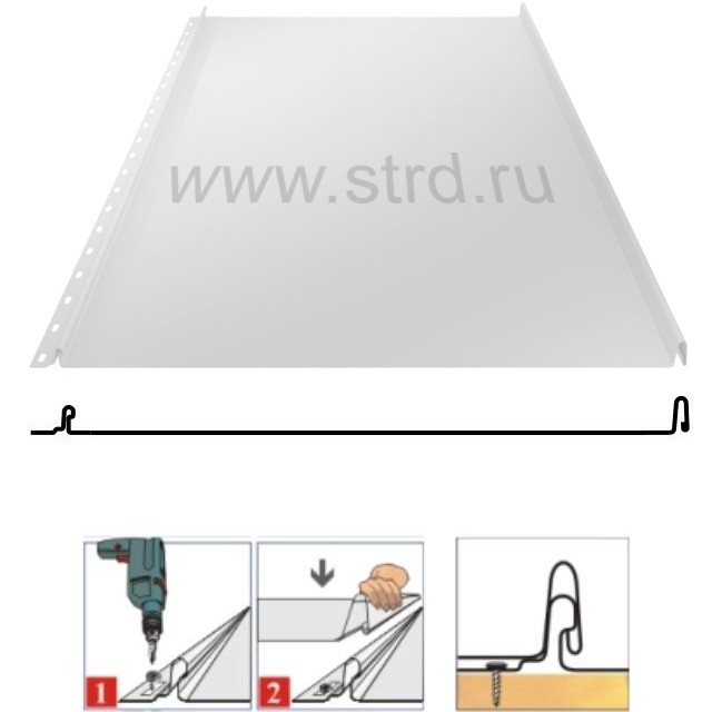 Фальцевая панель Grand Line Кликфальц Mini 340/305мм Drap TX 0.45мм RAL 9003 (белый)